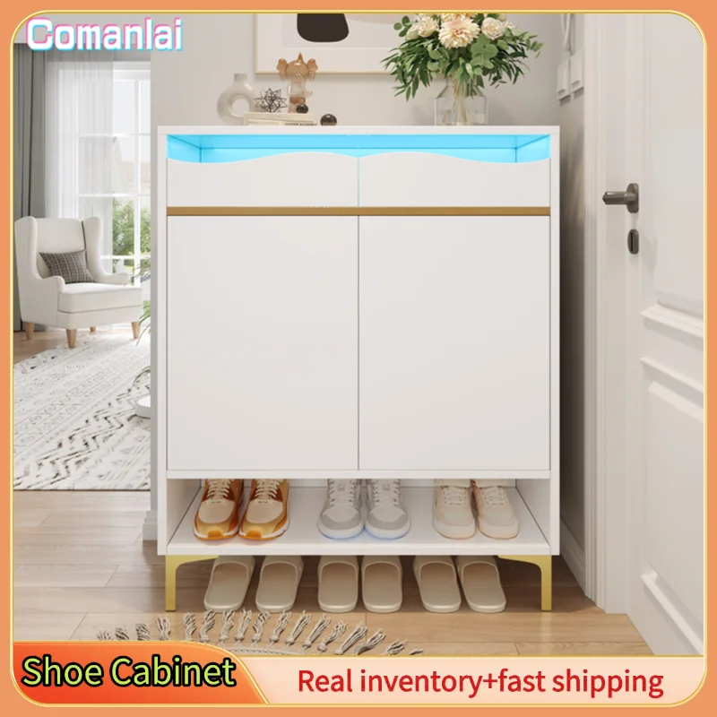 Comanlai scarpiera moderna 80×35×105 cm, con illuminazione a LED a 16 colori, con cassetti e ripiani, per corridoi, soggiorni,Bianco