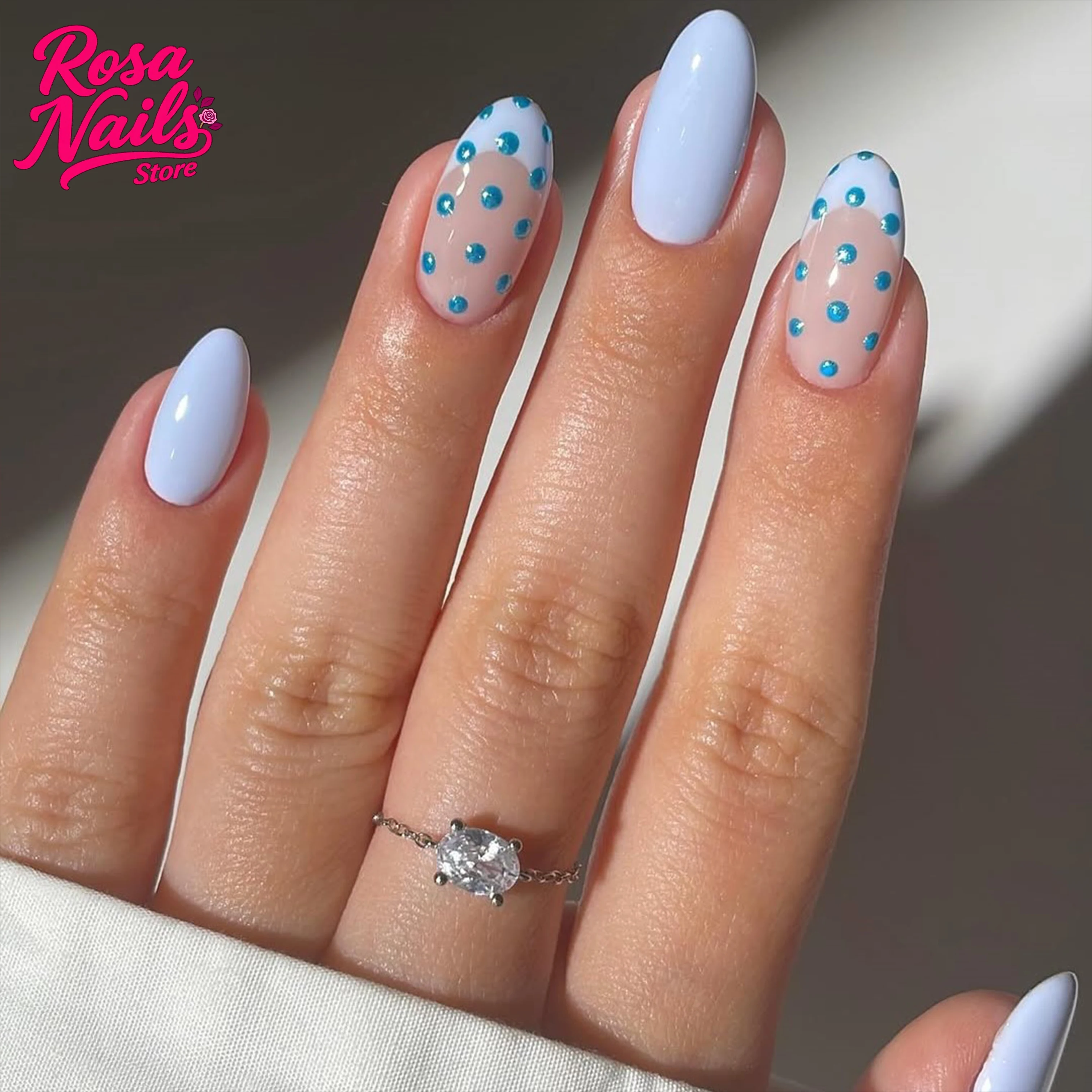 

Синий хромированный горошек для ногтей Press on Nails French Tips Nail Polka Dots Press ons Acrylic Presson Cute Baby Blue Almond Fake Nail