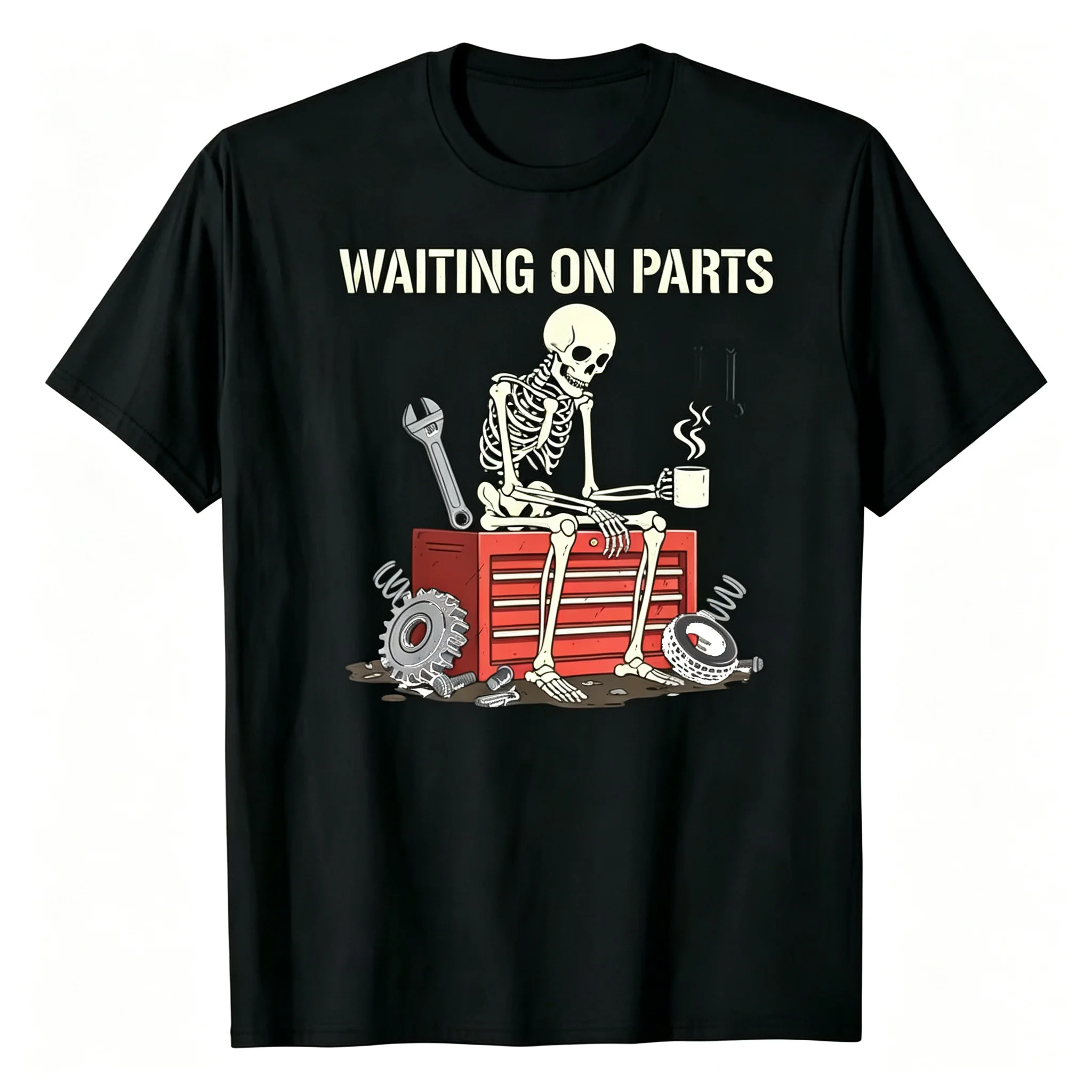 Waiting On Parts Funny Skeleton Mechanic Graphic T‑Shirt, Auto Repair Humor Car Guy Short Sleeve Tee for Men Women