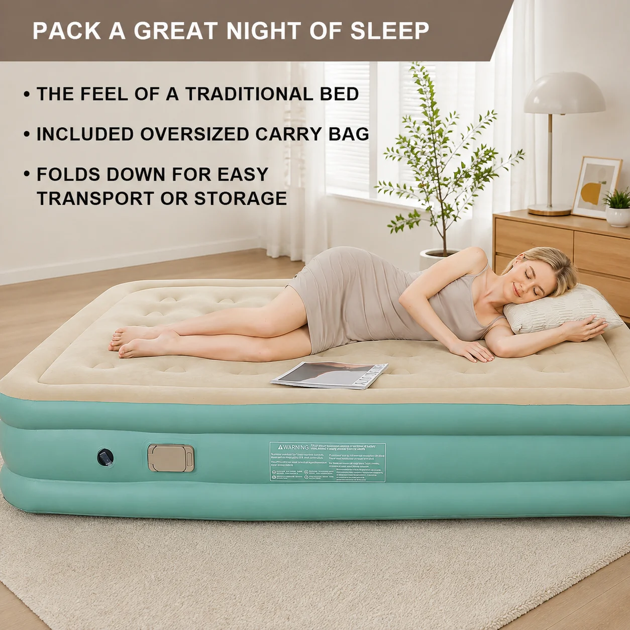 Inflatable Air Mattress with Built-in Electric Pump Double High Raised Air Bed Thick Flocked Top Portable Camping Guest Bed