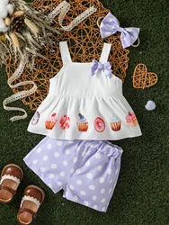 3Pcs 2024 summer Baby girl cute printed sleeveless Camisole With bow  casual Pant set +Headband