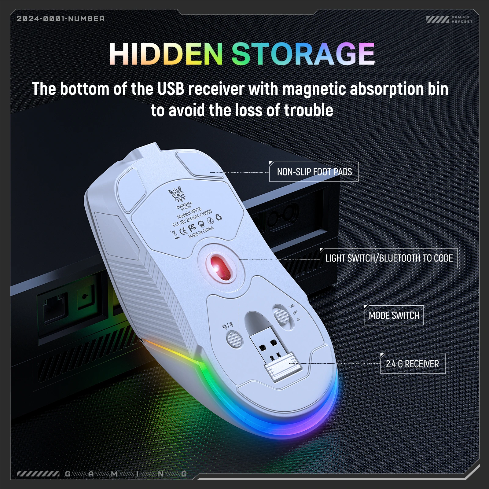 Onikuma Cw928 Kabellose Maus, drei Modi, verstellbar, 12000 DPI, mechanische Gaming-Maus, leichtes Design, 1000 Hz, 8 ms Verzögerung