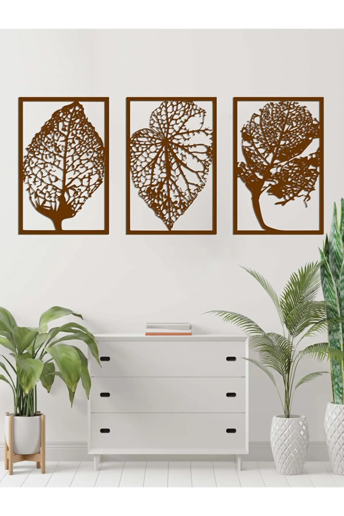 Leaf Pattern 3 Pieces Wooden Wall Art Home Decoration Laser Cut Wall Decor Painting Black Color Modern Nature Home Office living