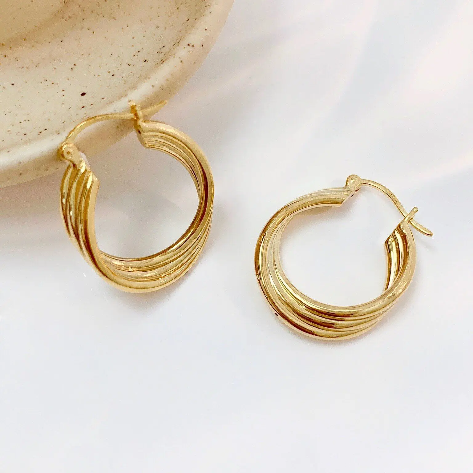 MADALENA SARARA 18K Yellow Gold Multi-Lines Dimensional Hook Women Earrings Au750 Stamp