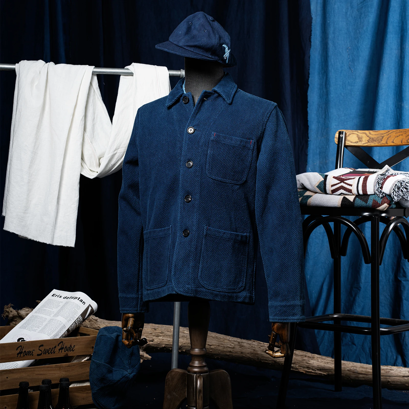 سترة البضائع النيلي الفرنسية الكلاسيكية للرجال سترة غير رسمية كلاسيكية معطف خريف شتاء جديد طية صدر السترة متعددة الجيوب سترة أدوات مصبوغة زرقاء