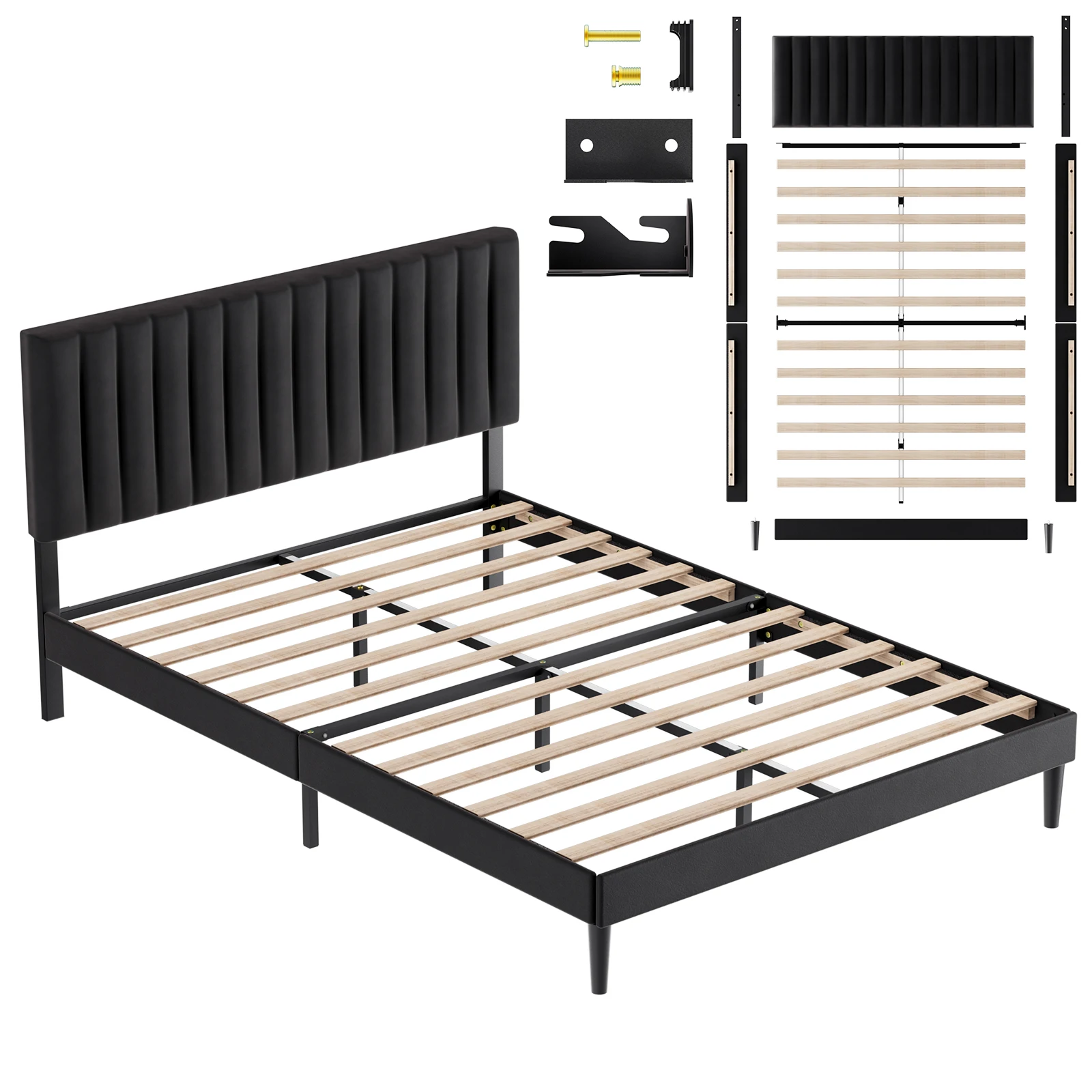 Gepolstertes Bett 140x200 cm, schwarzer Samt – Doppelbettgestell – verstellbares gepolstertes Kopfteil – 17 cm Stauraum – 12 Massivholzlatten – Einzelbett