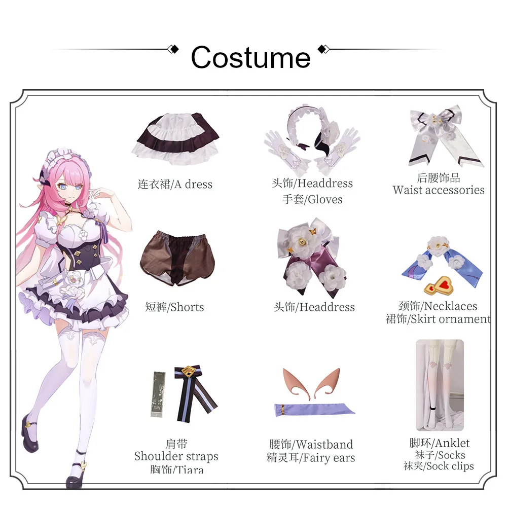 أزياء هونكاي إمباكت 3rd إليسيا التأثيرية فستان الخادمة شعر وردي أنيمي حفلة لعب الأدوار