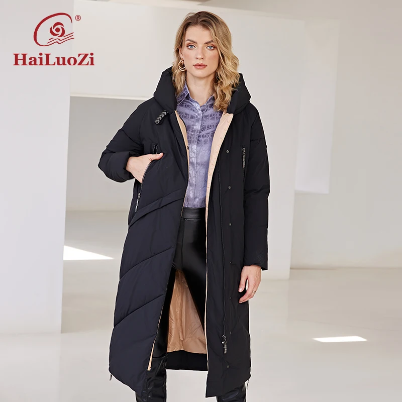 HaiLuoZi 2022 New Arrival Winter Women\'s Jackets Long Thick Bio Cotton Big Pocket Hood Zipper Female Casual Parkas Women Coat 23