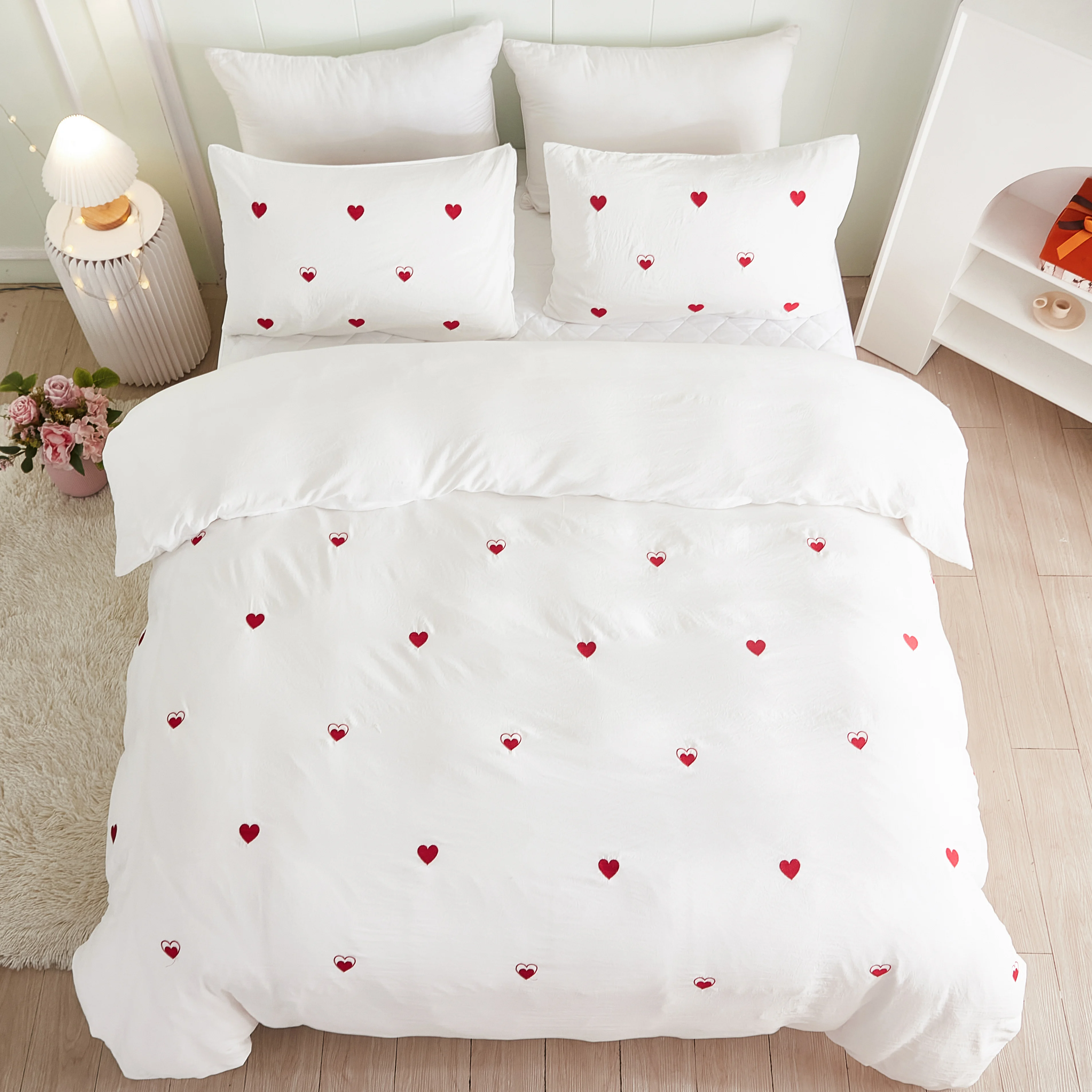 Embroidery Hearts Duvet Cover Set 3PCS Love Heart Microfiber Bedding Set Love Super Soft NO Comforter