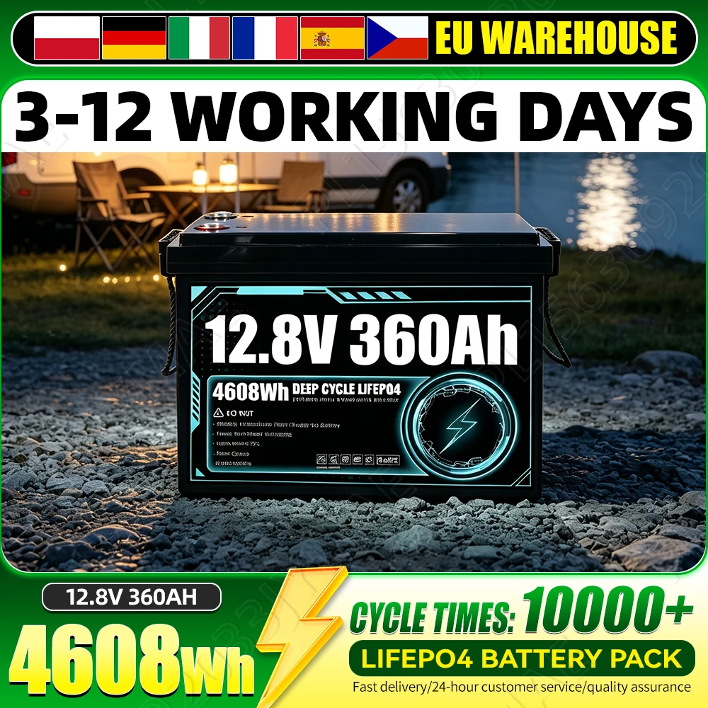 Batteria Lifepo4 12V 360Ah Nuova di Zecca, Grado A, Alta Capacità, Pacco Celle Ricaricabili al Litio Ferro Fosfato 12.8V, Supporto per 10000 Cicli Profondi, per Sistemi Fai-da-te 24V, Camper, Furgoni,