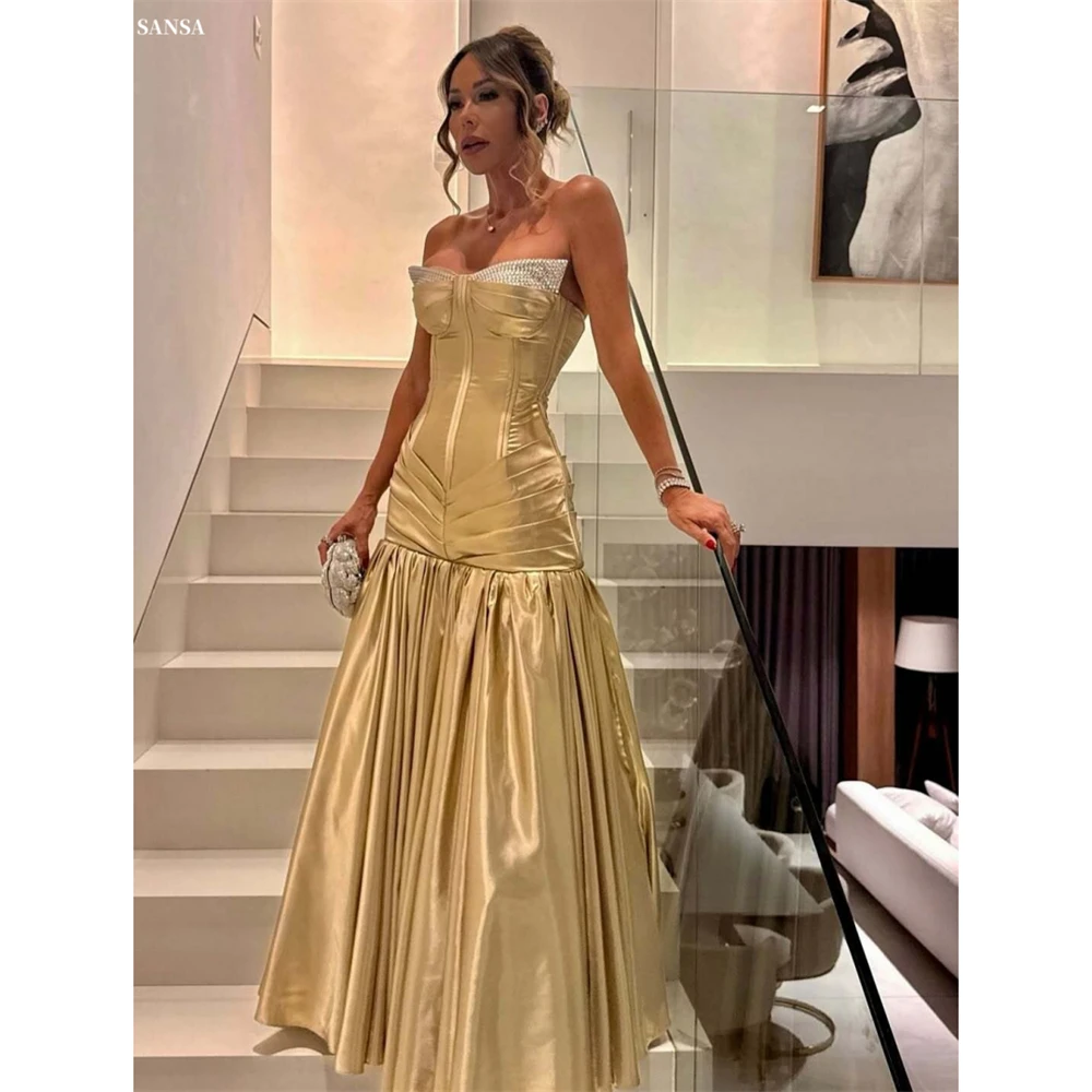 

Sansa Customized Gold Mermaid Rhinestones Strapless Prom Dress Sleeveless Pleats Vestidos De Noche Floor-Length Formal Evening