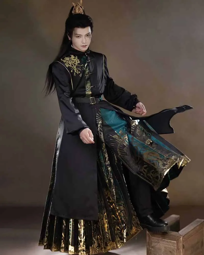 Saia chinesa de cavalo hanfu masculina, camisa de manga comprida, saia plissada dourada de tecelagem, terno da moda, roupa de festa, nova, outono, 2024