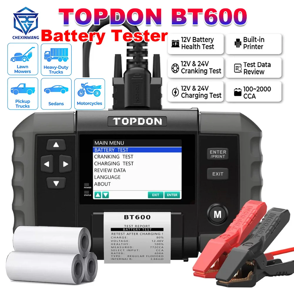 TOPDON BT600 Battery Tester 12V 24V Lead Acid Vehicle Automotive Analyzer with Bulit-In Thermal Printer for Car Truck Motorcycle