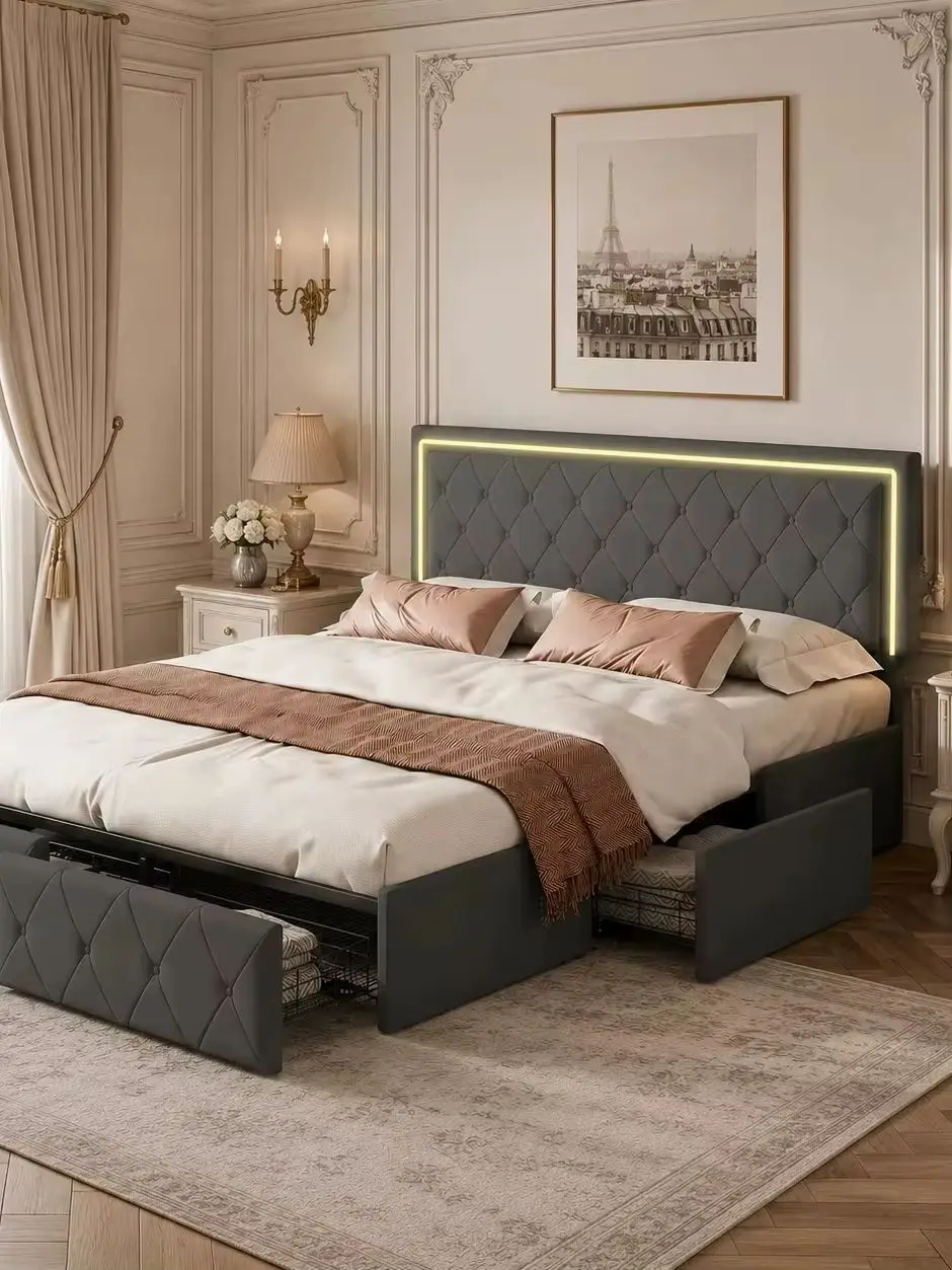 140/160*200 cm großes gepolstertes Plattformbettgestell mit 4 Schubladen, diamantgestepptem Kopfteil, Lattenrost aus Holz, kein Boxspringbett erforderlich