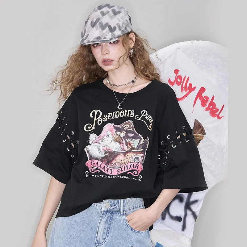 ELFSACK Punk Black T-Shirt with Lace-up Sleeves, Gothic Galaxy Sailor Graphic Tee, Vintage Aesthetic Eyelet Streetwear Top