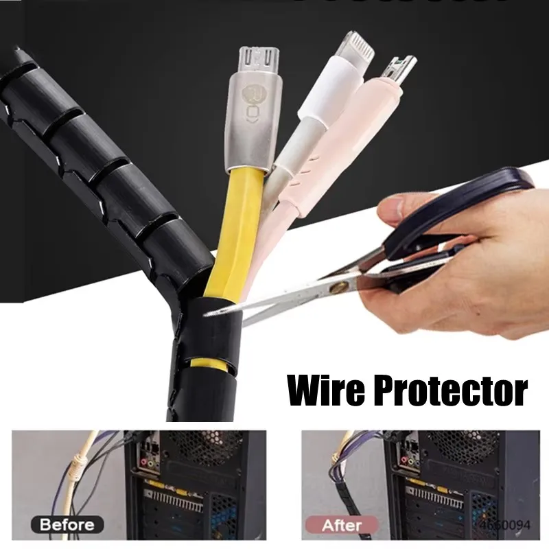 Black Cable Wire Protector Cable Organizer Management Pipe Flexible Wire Wrap Line Coiled Tube Office Cord Sleeve Cover 1.5M