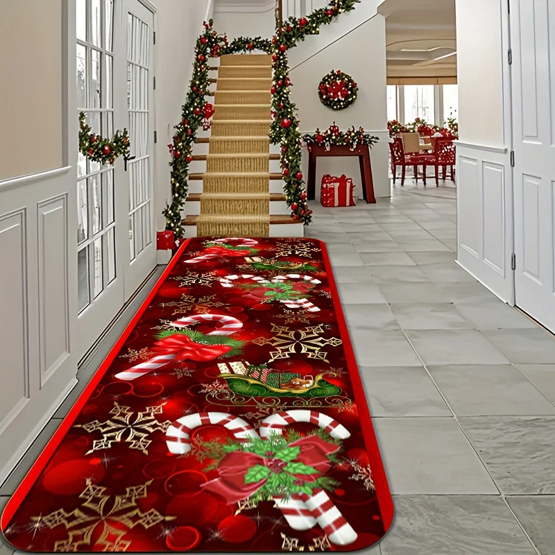 VIKAMA Red & Golden Christmas Runner Mat Küchenteppiche Eingangsbereich Flur Schlafzimmer Teppich Willkommen Bodenmatte Wäsche Bodenmatte Zuhause