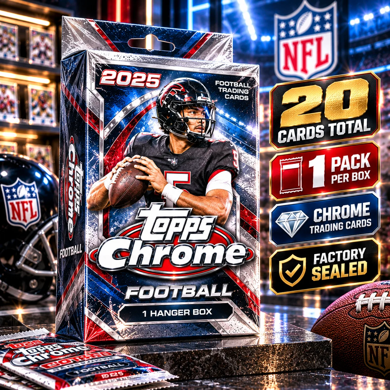 20 Cards 2025 Topps Chrome Football Hanger Box, Factory Sealed Football Trading Cards, 1 Pack with 20 Chrome Cards, Sports Card Collector Box for Pack Opening, Trading, Card Hunting, Set Building, Christmas Gifts & Holiday Collecting