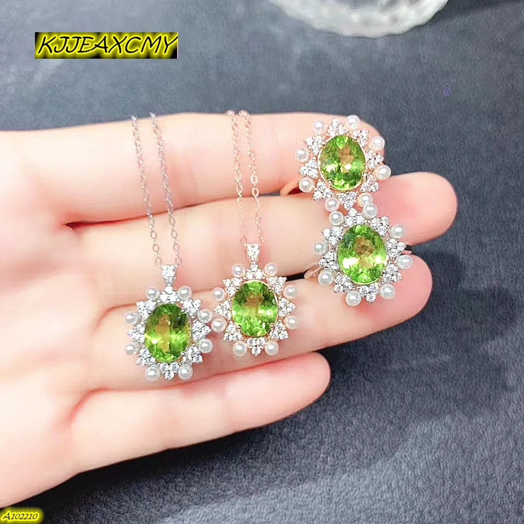 

Boutique Jewelry 925 Sterling Silver Natural Stone Peridot Women's Ring Necklace+Pendant Set Girls' Party Birthday Gift Valentin