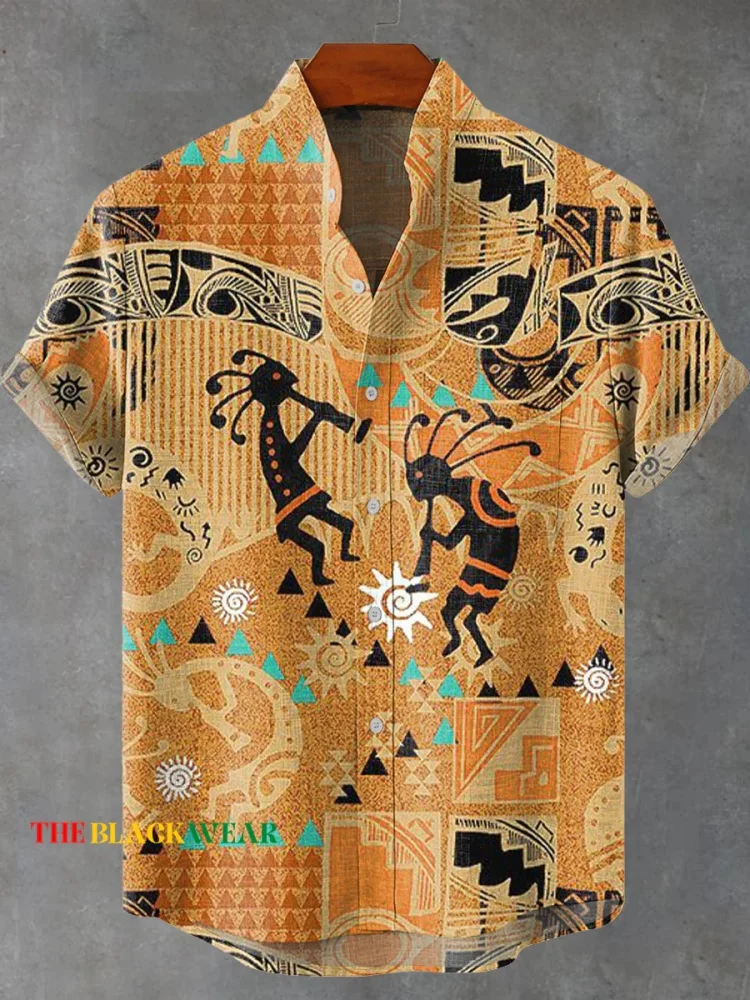 新しいレトロ部族トーテムパターンプリントメンズ新しいリネンコンフォート生地半袖シャツ XS-5XL 高速配送