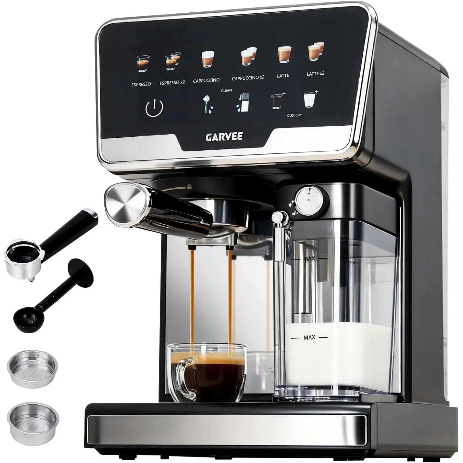 Machine à expresso 20 bars à double chaudière, mousseur à lait et fonction autonettoyante, 1450W, avec réservoir d'eau de 2L et réservoir à lait de 500ml, 6 programmes et mode manuel pour cappuccino, latte, expresso