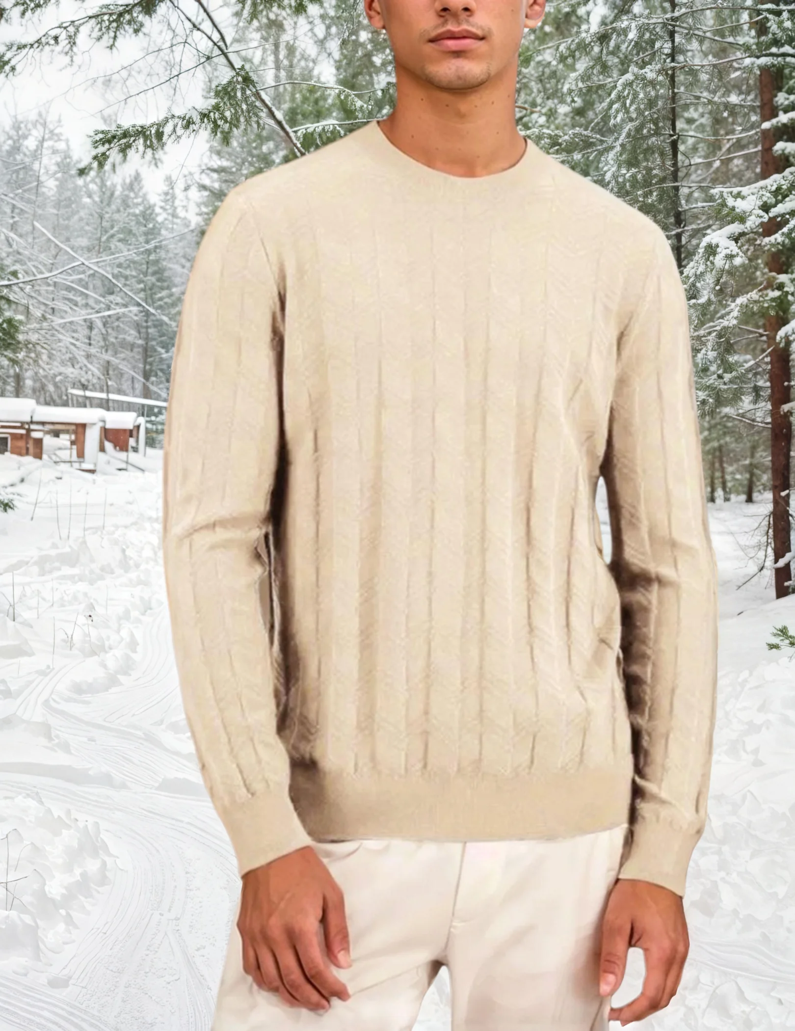 

Men's Round Neck Slim Fit Sweater With Closed Hem And Textured Design Autumn And Winter Sweater