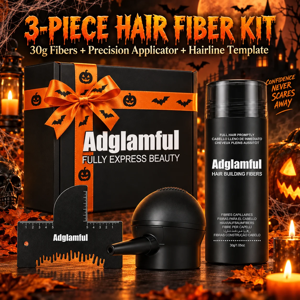 Adglamful 3-Piece Hair Building Fibers Kit 30g with Precision Applicator & Hairline Template, Halloween Grooming Gift