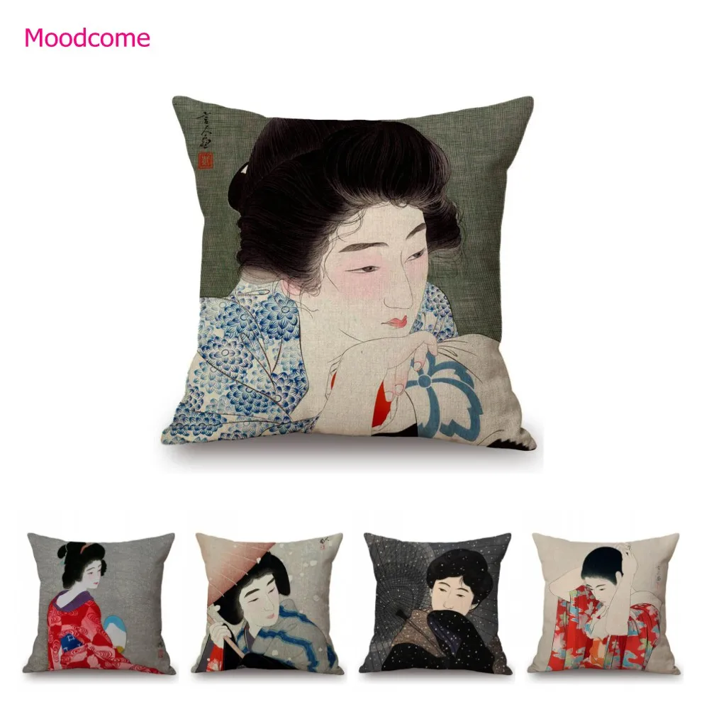 Ancient Japanese Ukiyoe Art Geisha Elegant Lady Asian Home Decoration Cotton Linen Sofa Throw Pillow Case Car Seat Cushion Cover