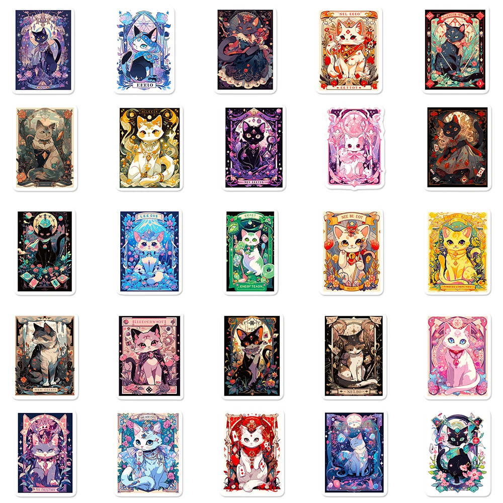 Autocollants graffiti de dessin animé chat, cartes de tarot, mignon, voyage, planche à roulettes, valise, bagage, ordinateur portable, drôle, cadeau, 10 pièces, 30 pièces, 50 pièces