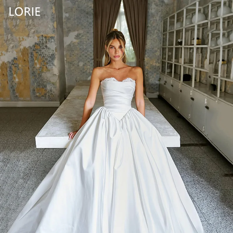 

LORIE Elegant Satin Strapless Wedding Dresses A-Line Sleeveless Bride Prom Gown Lace Pleated Bridal Gowns Customized
