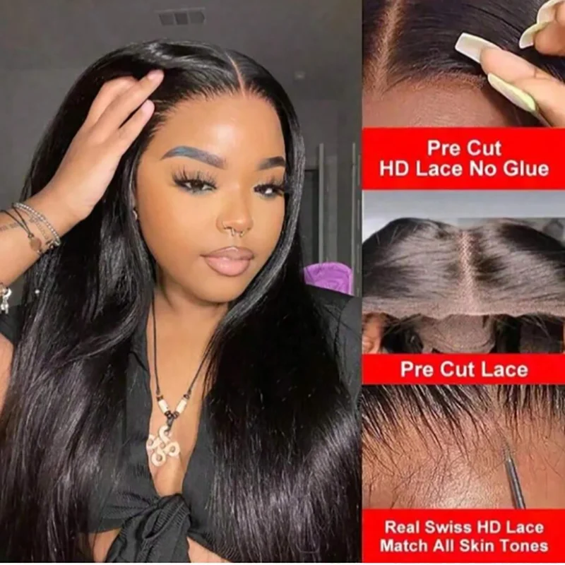 Wear And Go Gerade Perücke, 200 % Dichte, Echthaar, gerade, leimlose Perücken, vorgezupfte 13 x 4-Spitzenverschluss-Perücken für Frauen