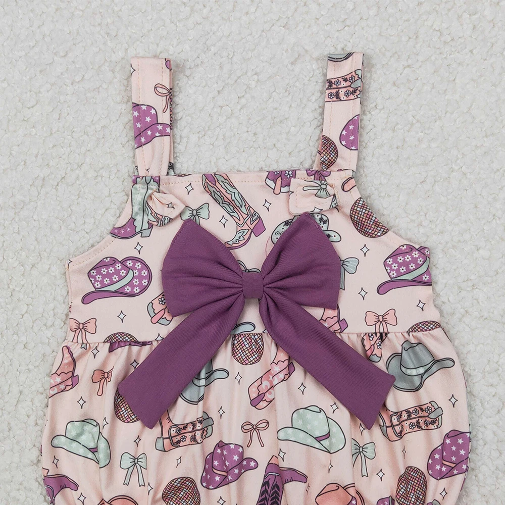 SR2897 Baby Girls Summer Rompers Baby Infant Girls Pink Strap Hats Boots Purple Bow Top Ruffle Rompers