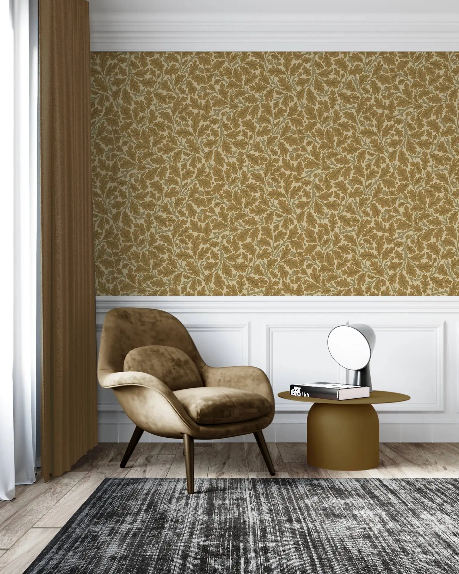 Orkney Oak Wallpaper with botanical golden yellow ochre leaves ascend to the heavens on neutral cream Back