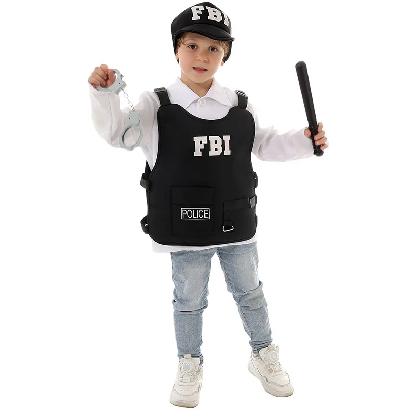 Kid's F.B.I Cop Costume Kit Black Pretend Set Uniform Outfit Boys Federal Agent Halloween Dress Up Police FBI Costume For Kids