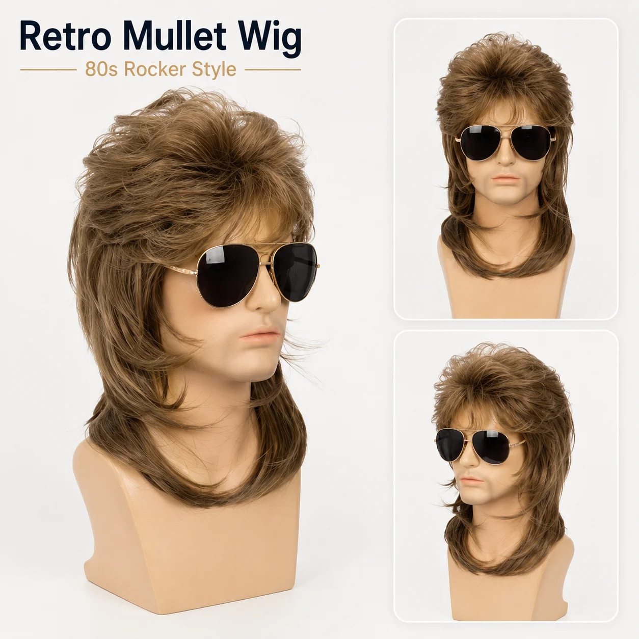 16inch Men's Brown Shaggy Retro Mullet Wig Classic 80s Rocker Style Synthetic Costume Wig Lightweight Comfortable for Halloween Cosplay And Throwback Parties