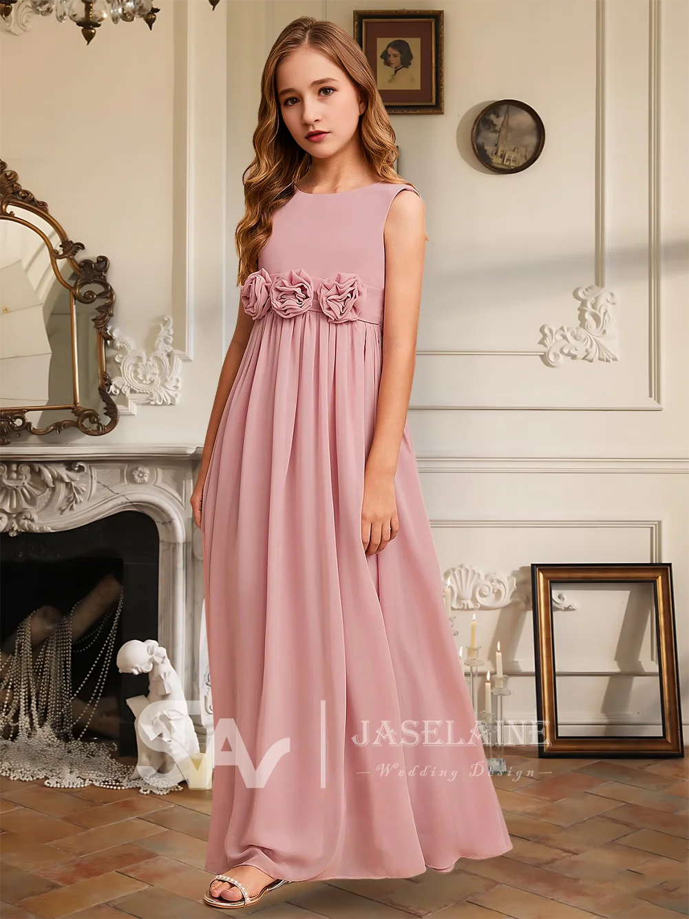 

Детское шифоновое платье для девочек QA Kids A-Line с вырезом-лодочкой, в пол, с 3D цветами, для подружек невесты, для особых свадебных торжеств