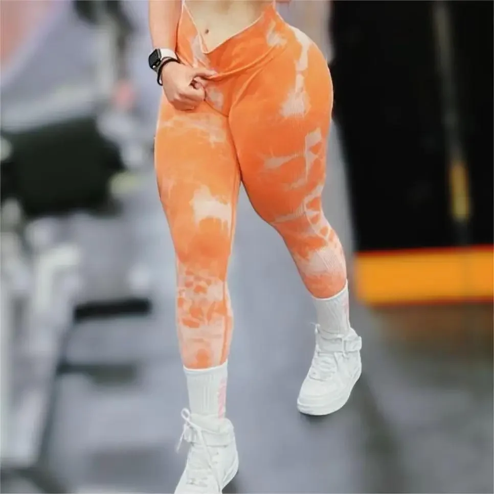 Siłownia Tie Dye bezszwowe legginsy Push Up kobiety Mallas Fitness sportowy Scrunch spodnie do ćwiczeń jogi elastyczne rajstopy treningowe legginsy — zdjęcie 2