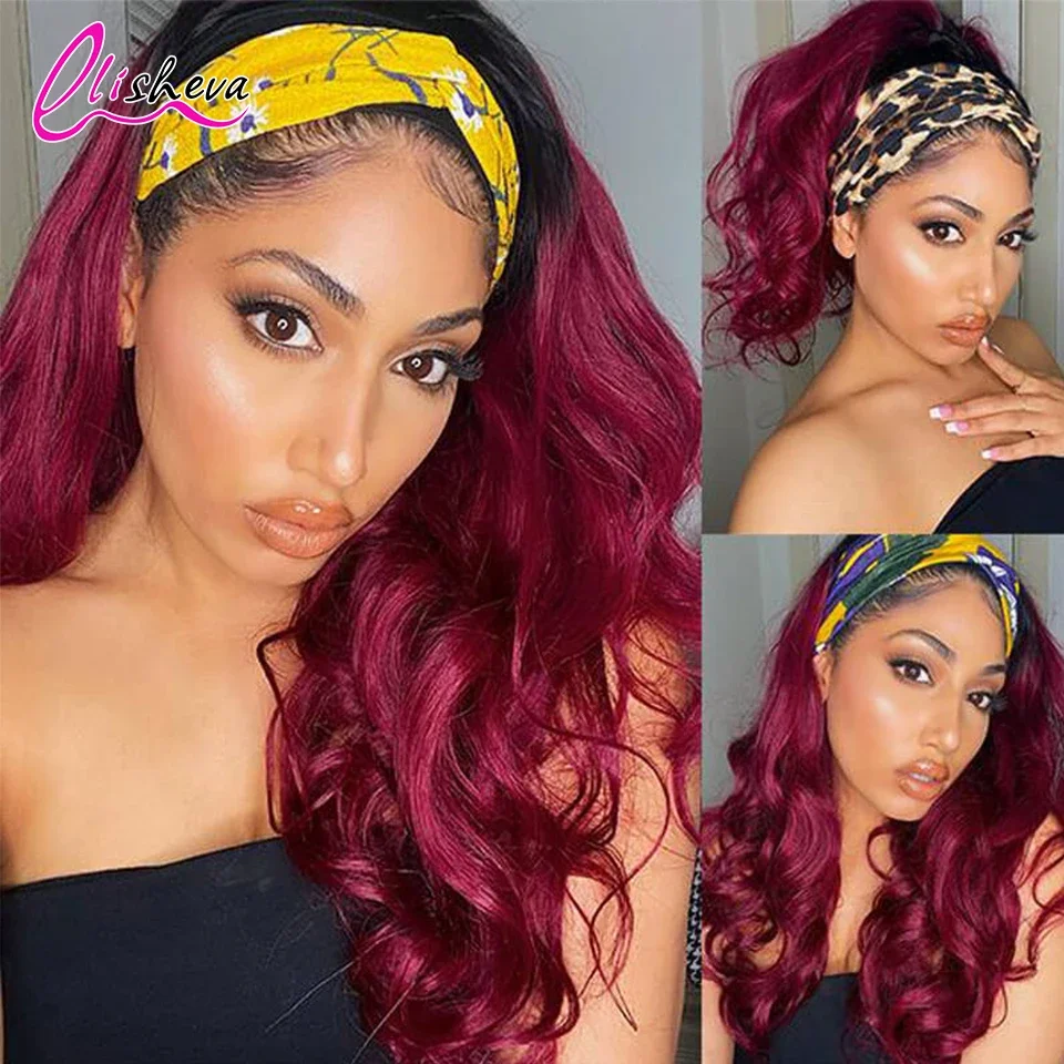 1B 99J Burgundy Headband Wigs Human Hair Body Wave 99J Burgundy Red Wig Glueless Full Machine Made Human Hair Wigs For Women