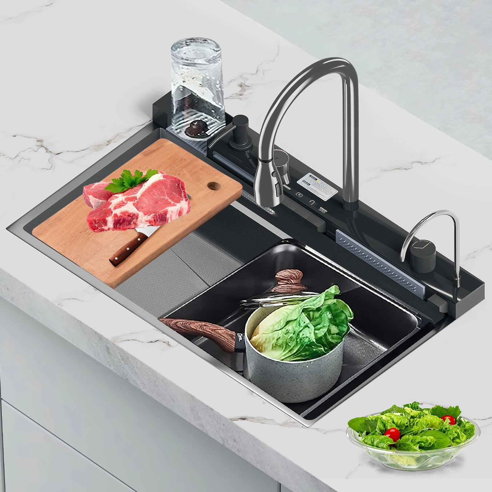 Integrierte große Einzel-Spülbecken-Küchenspüle aus Edelstahl mit Wasserfallarmatur, digitaler Temperaturanzeige, komplettem Set mit Seifenspender und Zubehör für Zuhause, Restaurant und Hotel – Detail 14