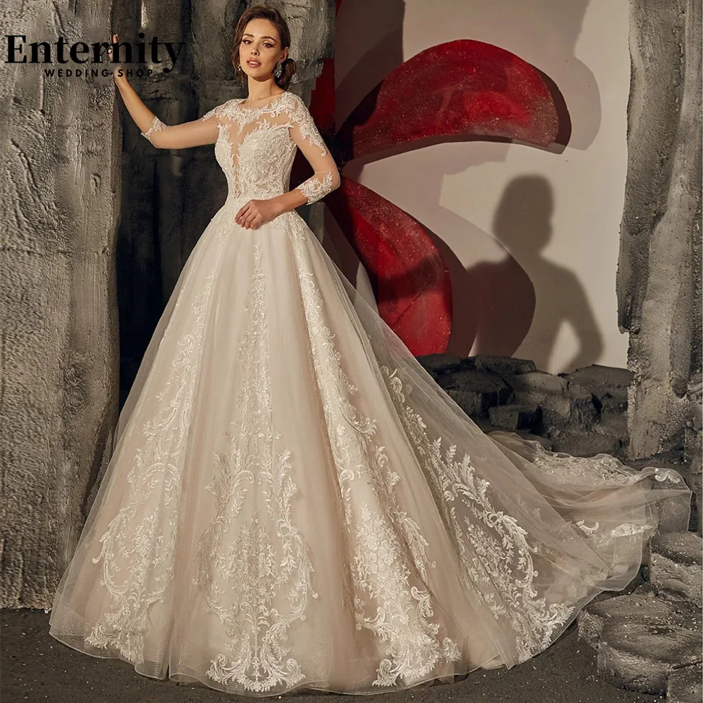 

Gorgeous Scoop Neck Lace Appliques Long Sleeves Wedding Dress A Line Bridal Gowns Illusion Back With Buttons Vestidos De Novia