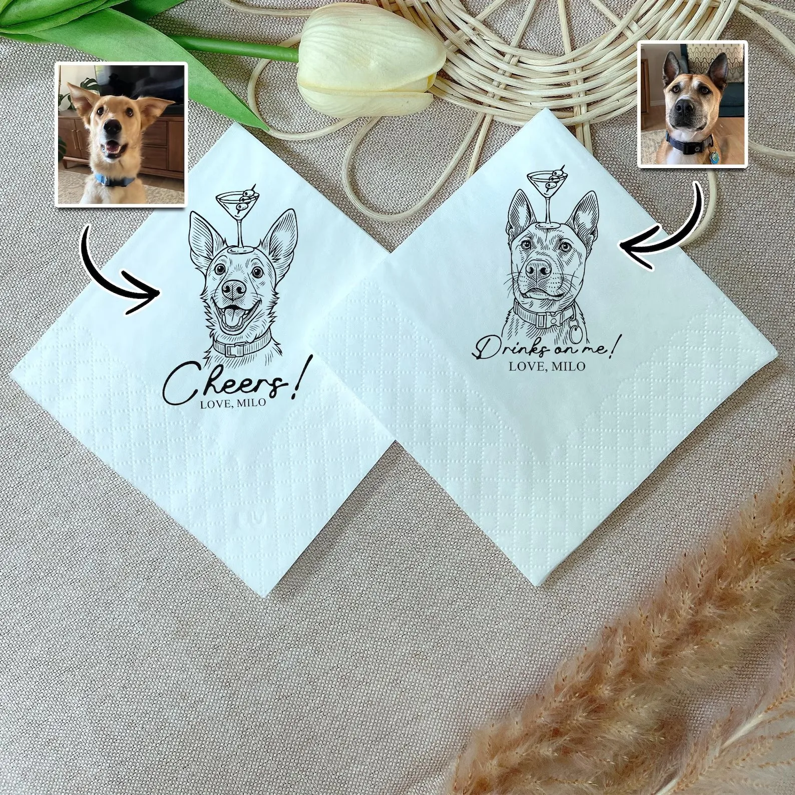 50pcs Personalized Pet Portrait Cocktail Napkins, Custom Dog Wedding Beverage Paper