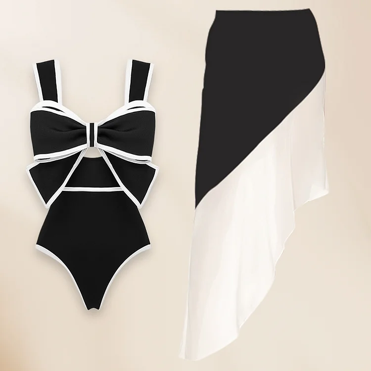 2024  Retro 3D Flower Black and White Bow-tie Decor One Piece Women's Swimsuit and Skirt  Swimwear Women Beachwear Bathing Su