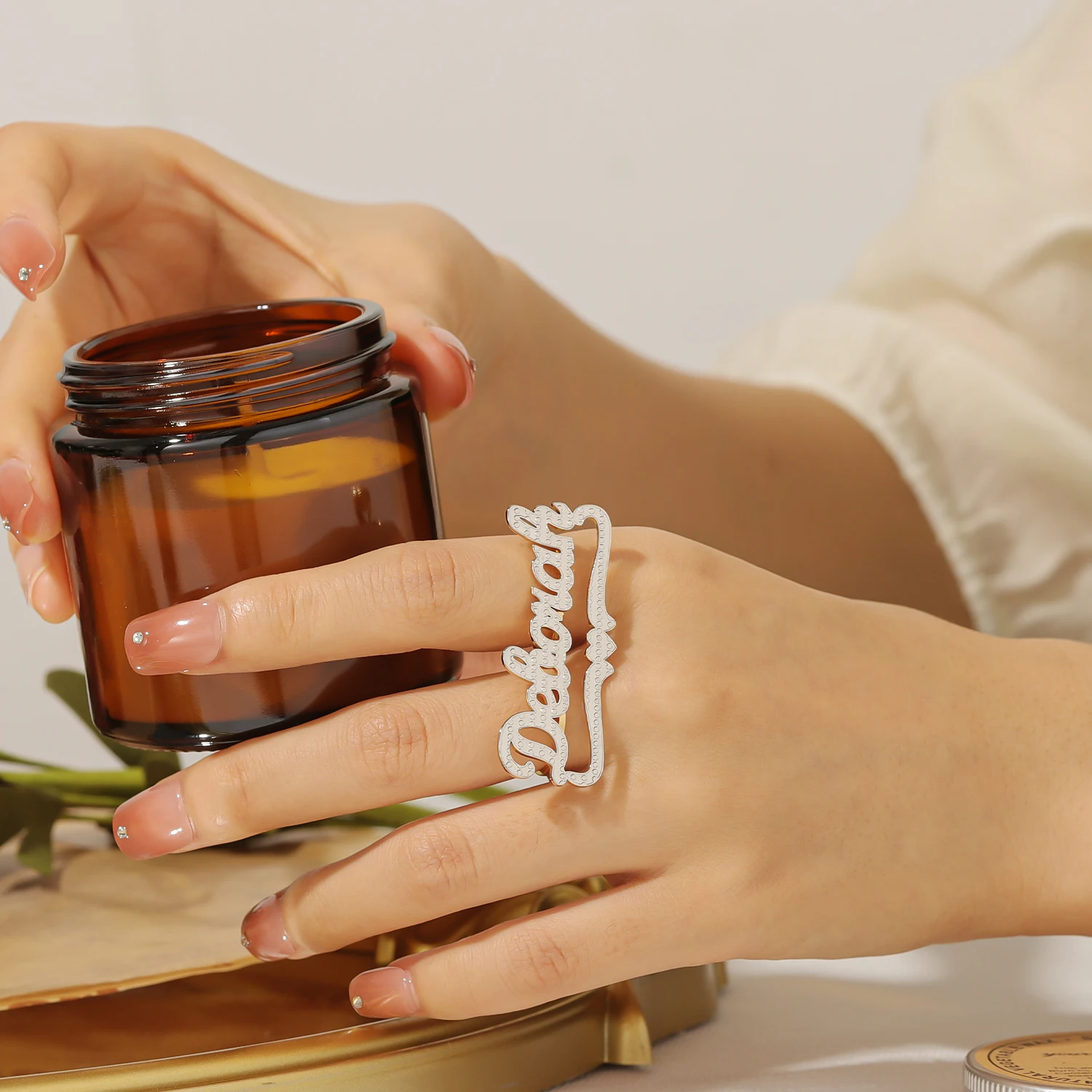 

Custom Double Finger Nameplate Ring with Love Base Stainless Steel Custom Nameplate Ring Women's Jewelry Christmas Gift for Her