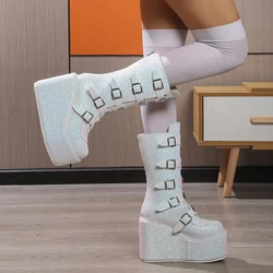 FEMALEAN Platform High Heels Round Head White Long Boots Bratz Y2k Punk Goth Studded Mary Janes Lolita Shoes For Women On Offer