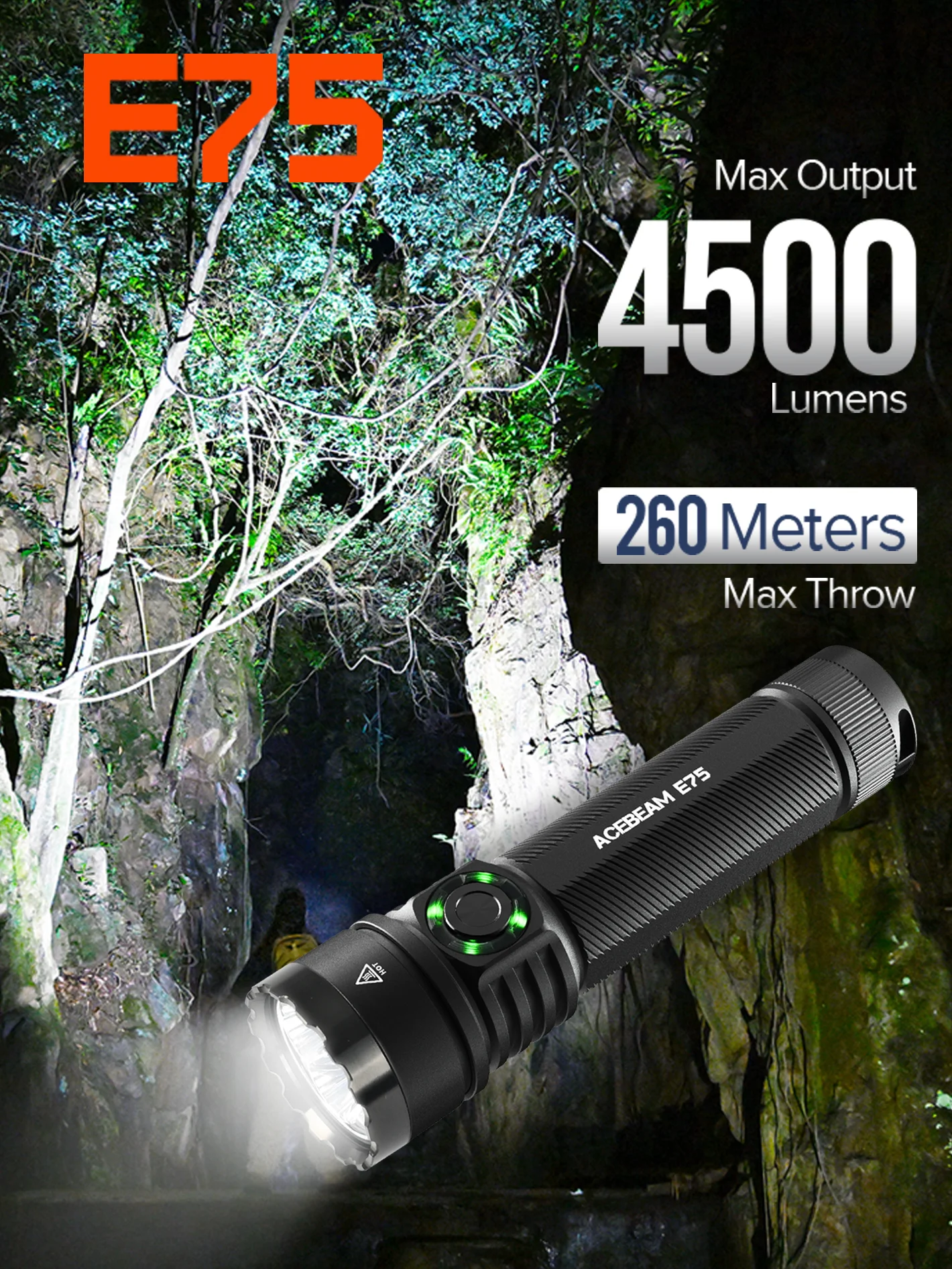 ACEBEAM E75 Quad-Core LED-zaklamp USB C oplaadbare zaklamp met 21700 batterij 4500LM 260M zaklampen Krachtige verdedigingsflitser - afbeelding 2