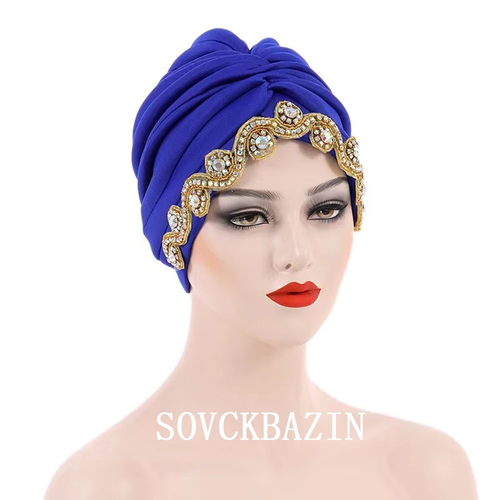 Muslim Hijabs African Headtie Sequin Pleated Hat Nigerian Ladies Head Wrap Cap Twisted Turban For Blue Women Shimmer Hijab