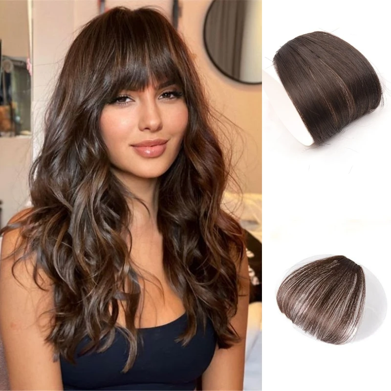 Clip in Bangs 100% Real Human Hair  Bangs Clip on Air Bangs for Women Flat Neat Thin Curved Bangs for Daily Wear(Natreal color,L