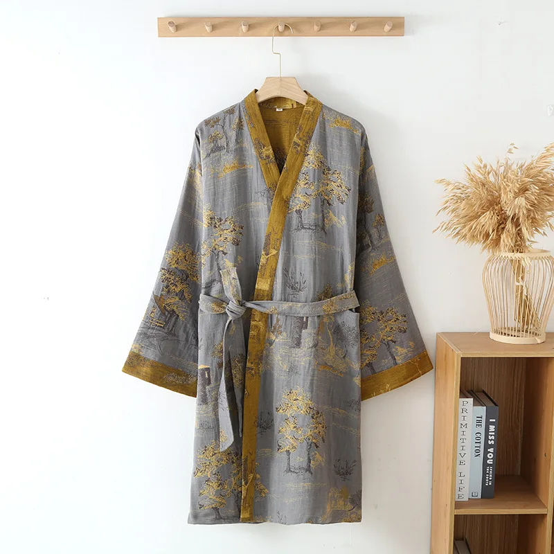 Red Yellow Printed Robe for Men Cotton Kimono Men Top Quality  Bathrobe for Spring Autumn 100% Cotton Long Style Men Kimono Robe