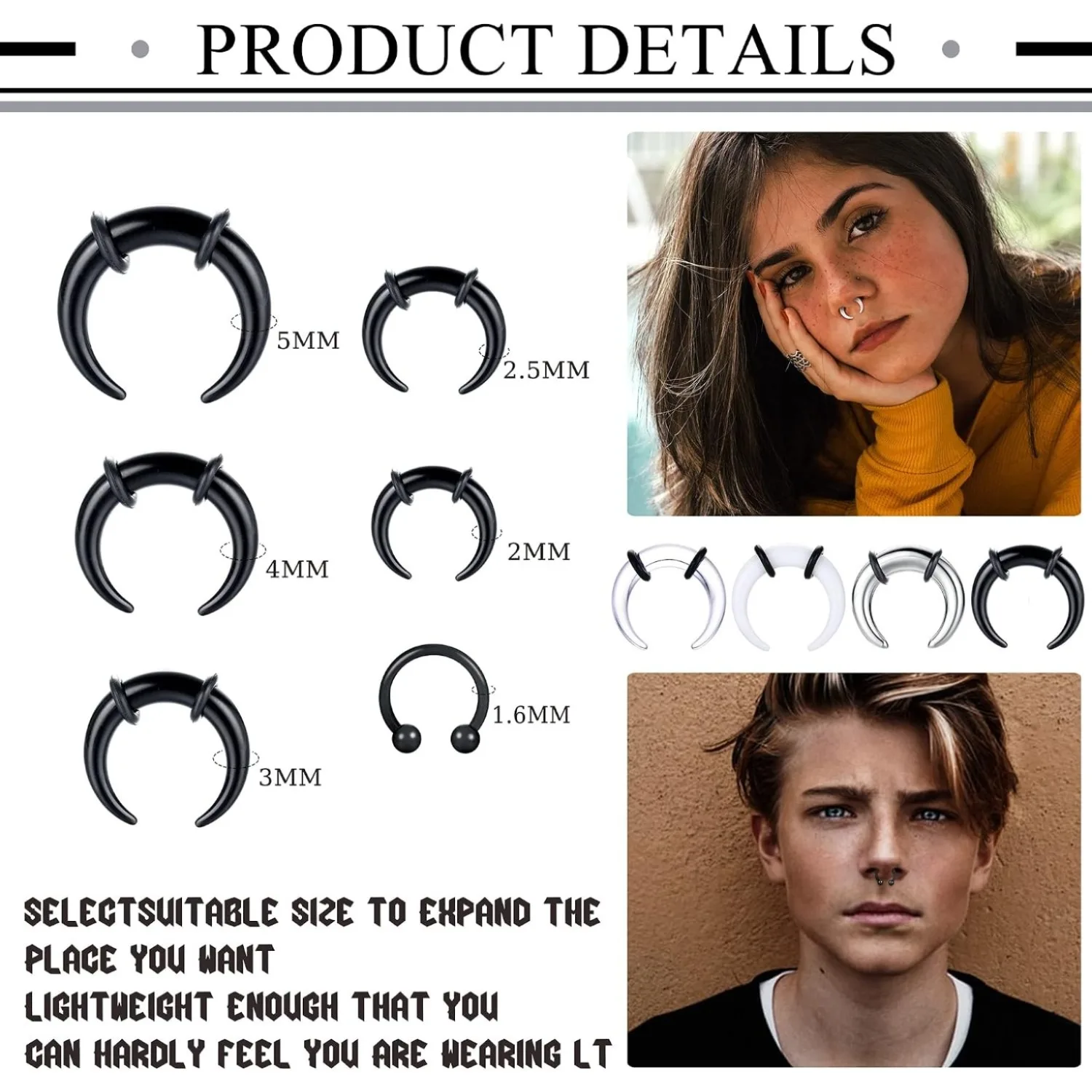 30/36pcs 16G to 6G Horseshoe Septum Pincher Tapers Rings Acrylic Stainless Steel Ear Stretching Body Piercing Jewelry for Men Women Punk Ear Gauges Expander Kit Hypoallergenic Unisex Piercing Accessories