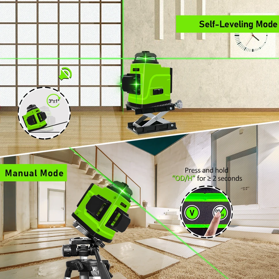 CLUBIONA 12 Green Lines Laser Level Remote Control Self-Leveling With Li-ion Battery Pulse Mode Receiver and Wall Bracket Tripod